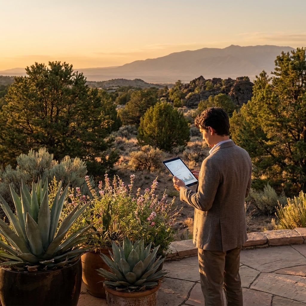 A man stands outdoors, using a tablet while overlooking a scenic landscape at sunset.