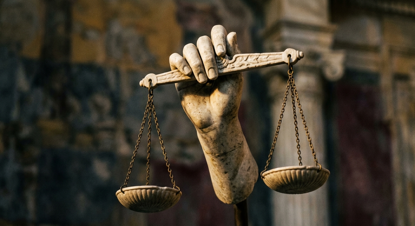 A close-up of a marble hand holding a set of scales symbolizing justice.