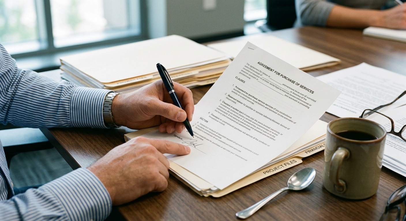 A person is signing a document while sitting at a table with folders and a cup of coffee.