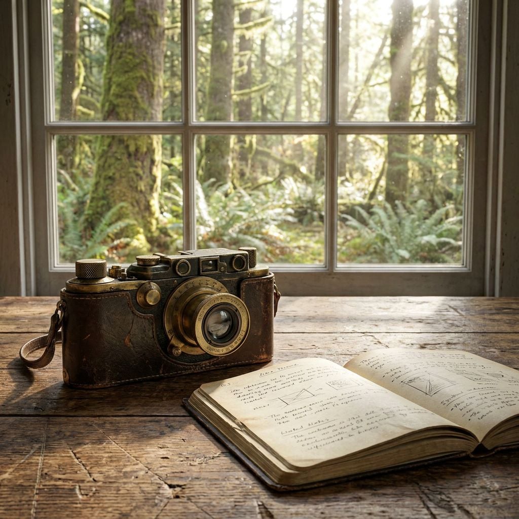 An antique camera and an open notebook are placed on a wooden table near a window overlooking a forest.