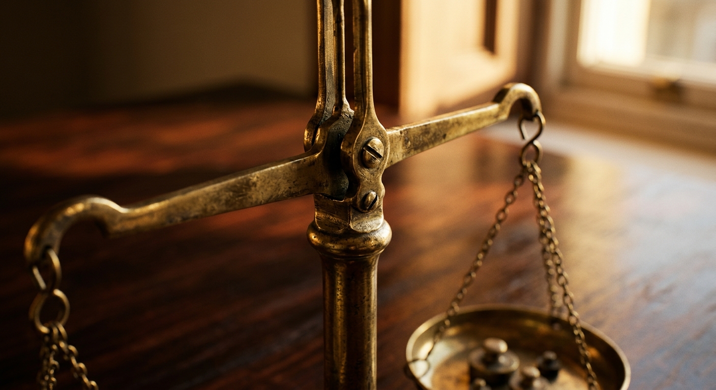 A close-up of a vintage brass balance scale on a wooden surface.