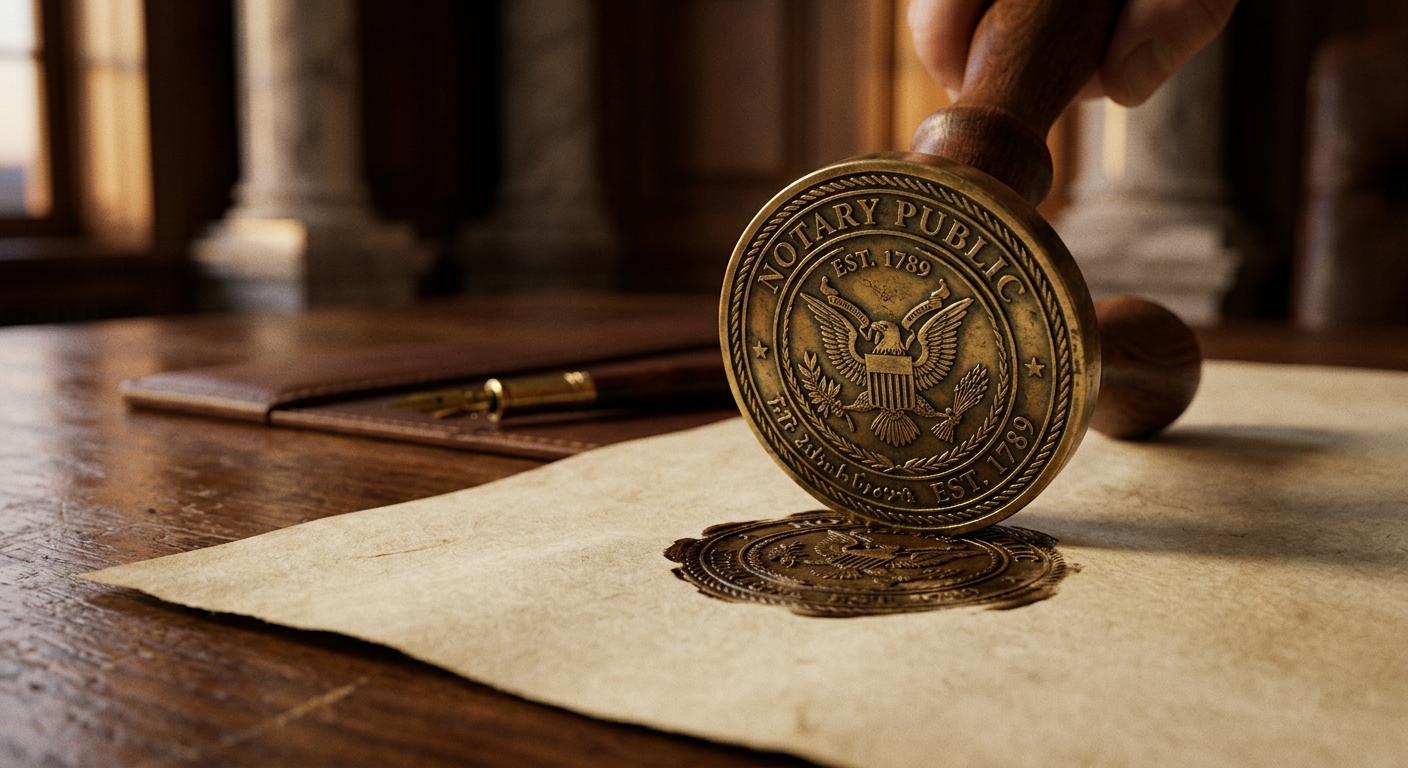 A hand is pressing a notary public seal onto a piece of parchment paper.