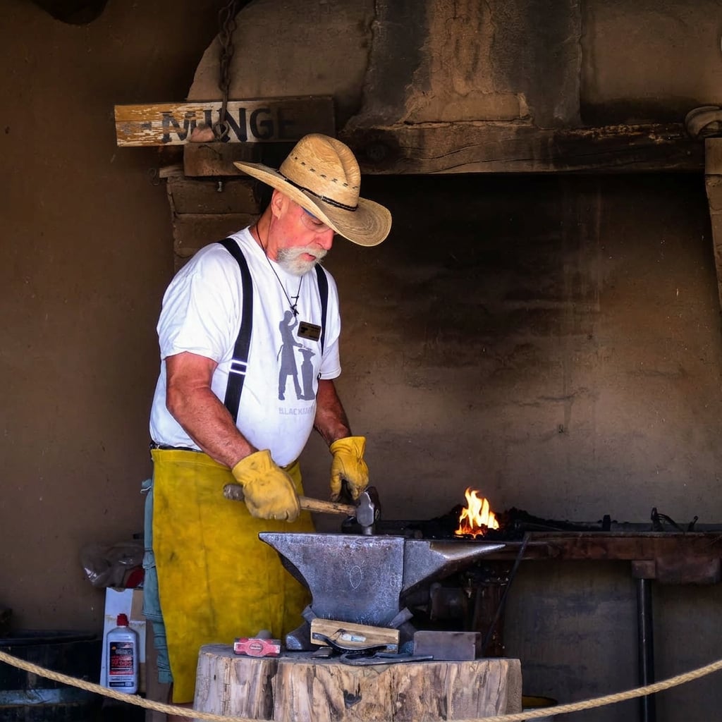 A blacksmith working at an anvil with a flame in a rustic setting.