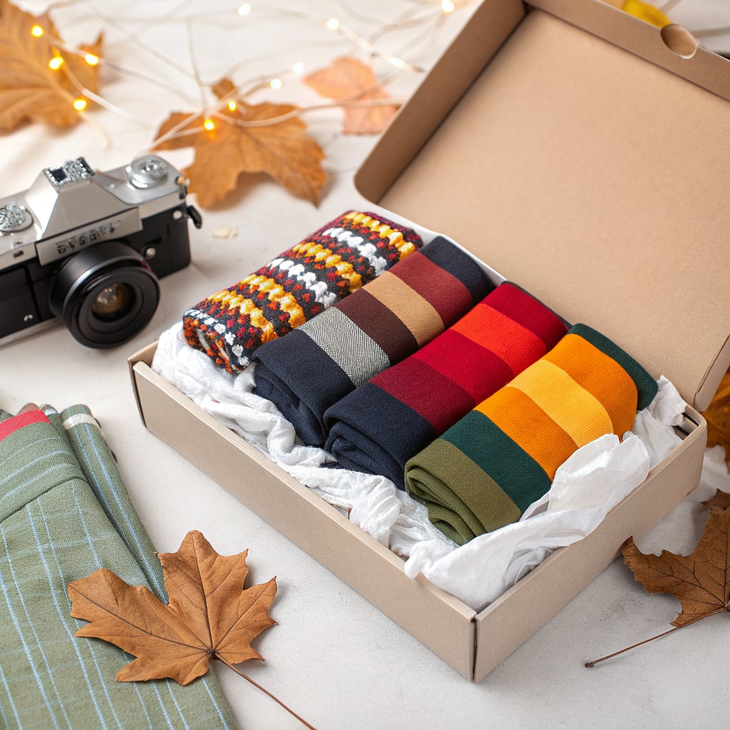 A gift box containing neatly rolled socks in various colors and patterns, with a vintage camera and autumn leaves in the background.