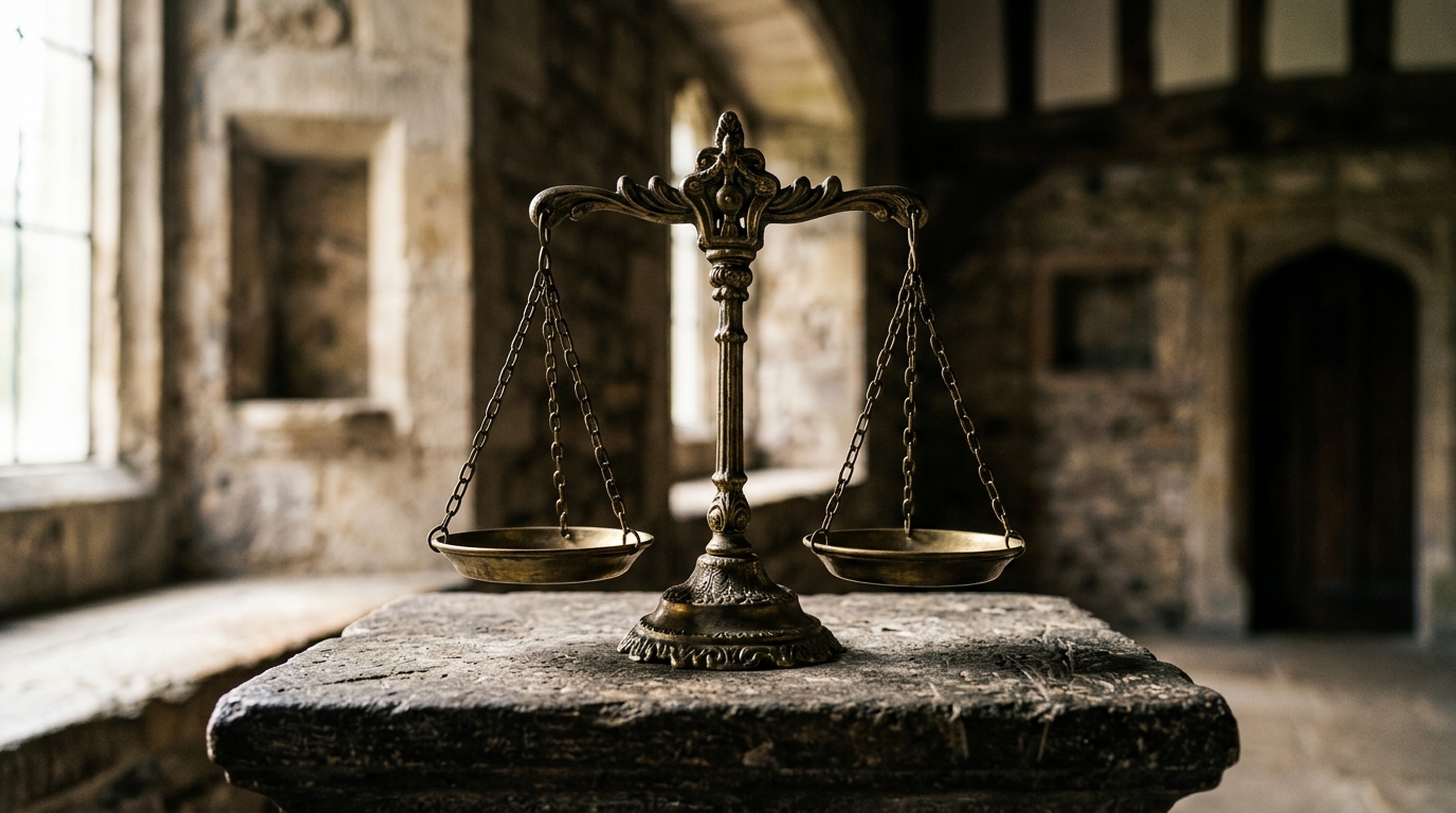 A vintage balance scale is placed on a stone surface in a historic room.