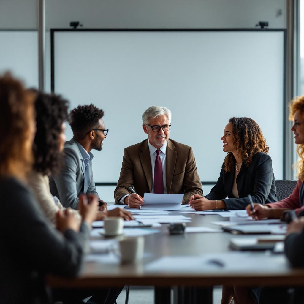 A group of professionals engaged in a meeting around a conference table.