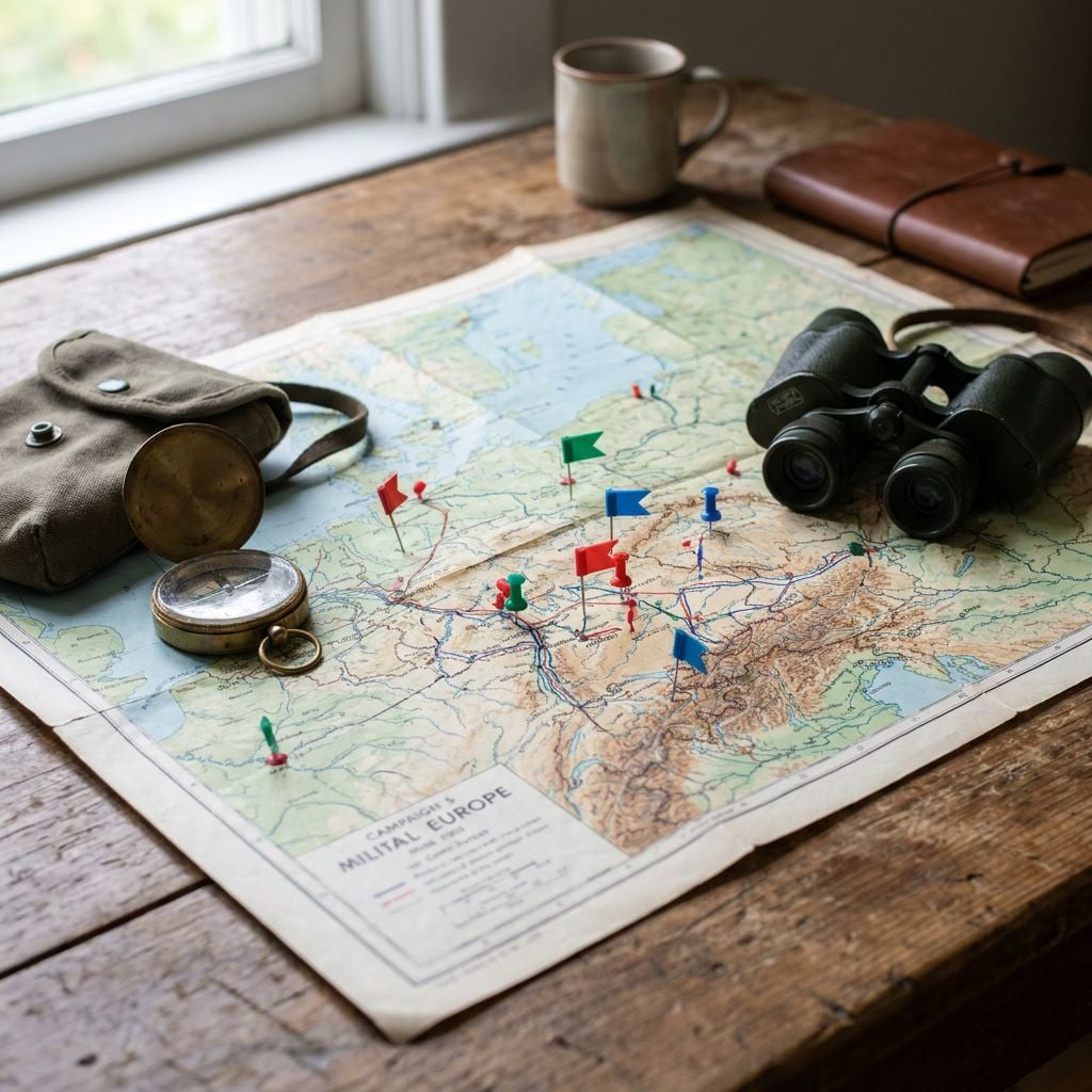 A vintage map with colored pins, a compass, binoculars, and a mug on a wooden table.