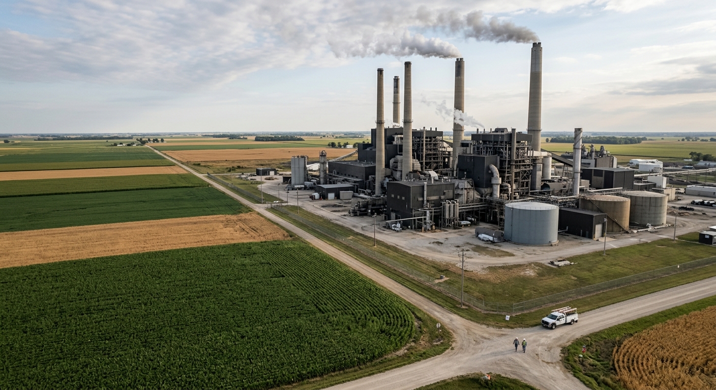 An aerial view of a power plant surrounded by agricultural fields.