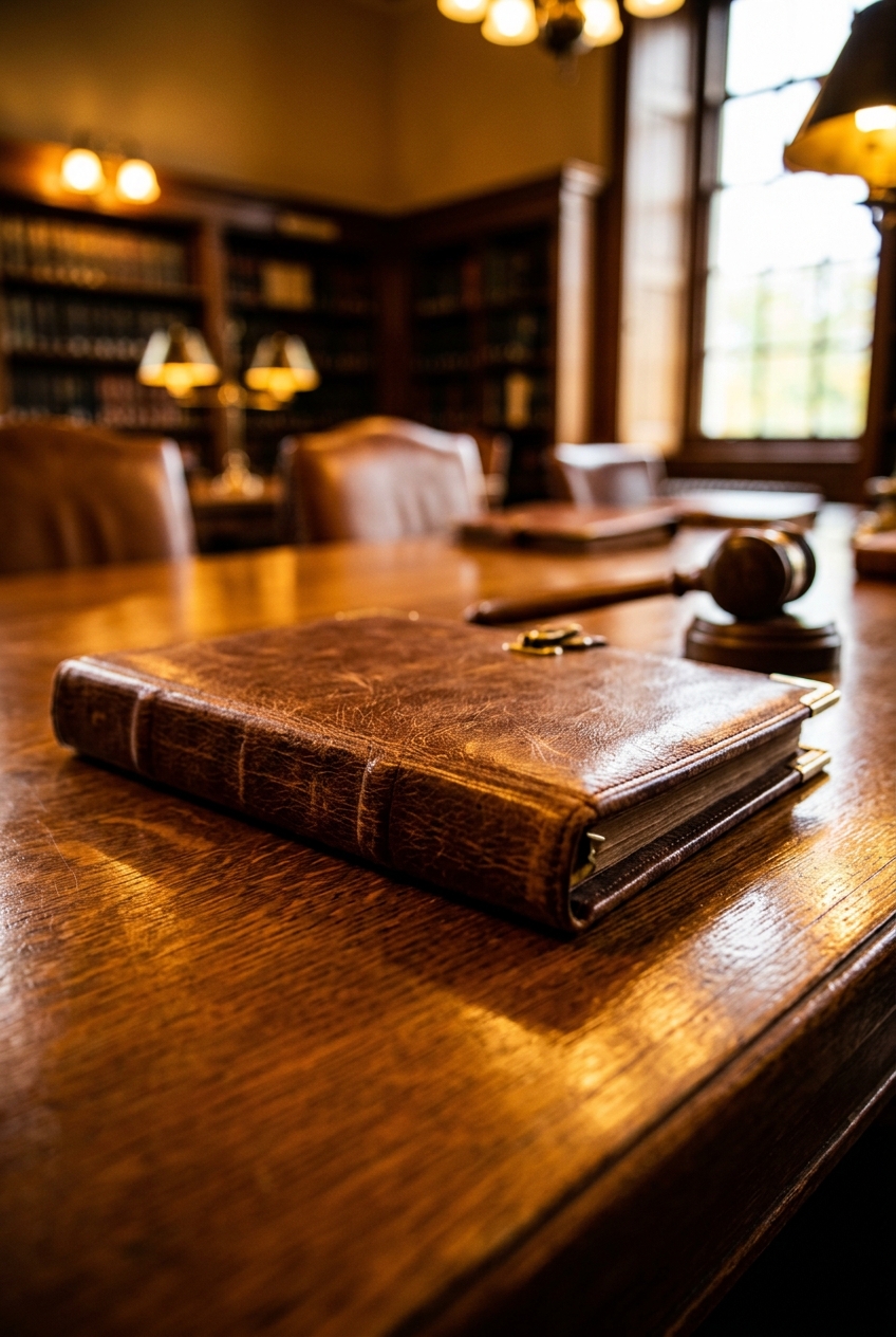 A leather-bound book rests on a wooden table in a library setting.