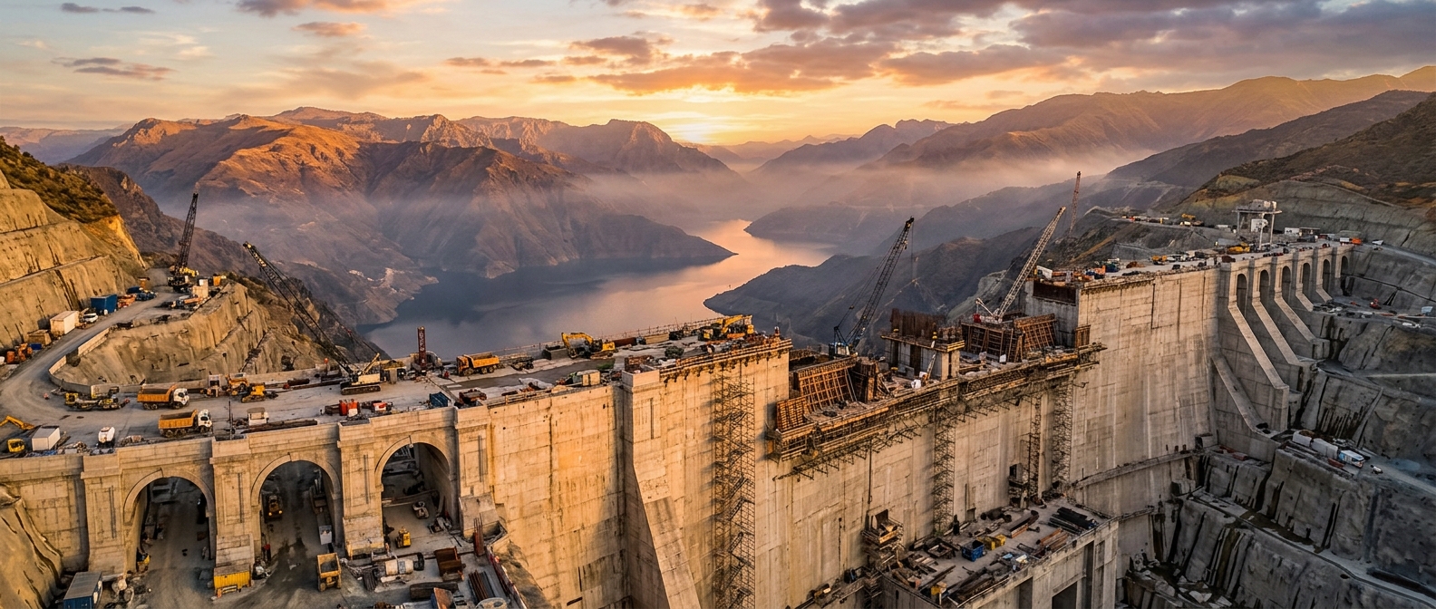 A large dam construction site surrounded by mountains and a lake at sunset.