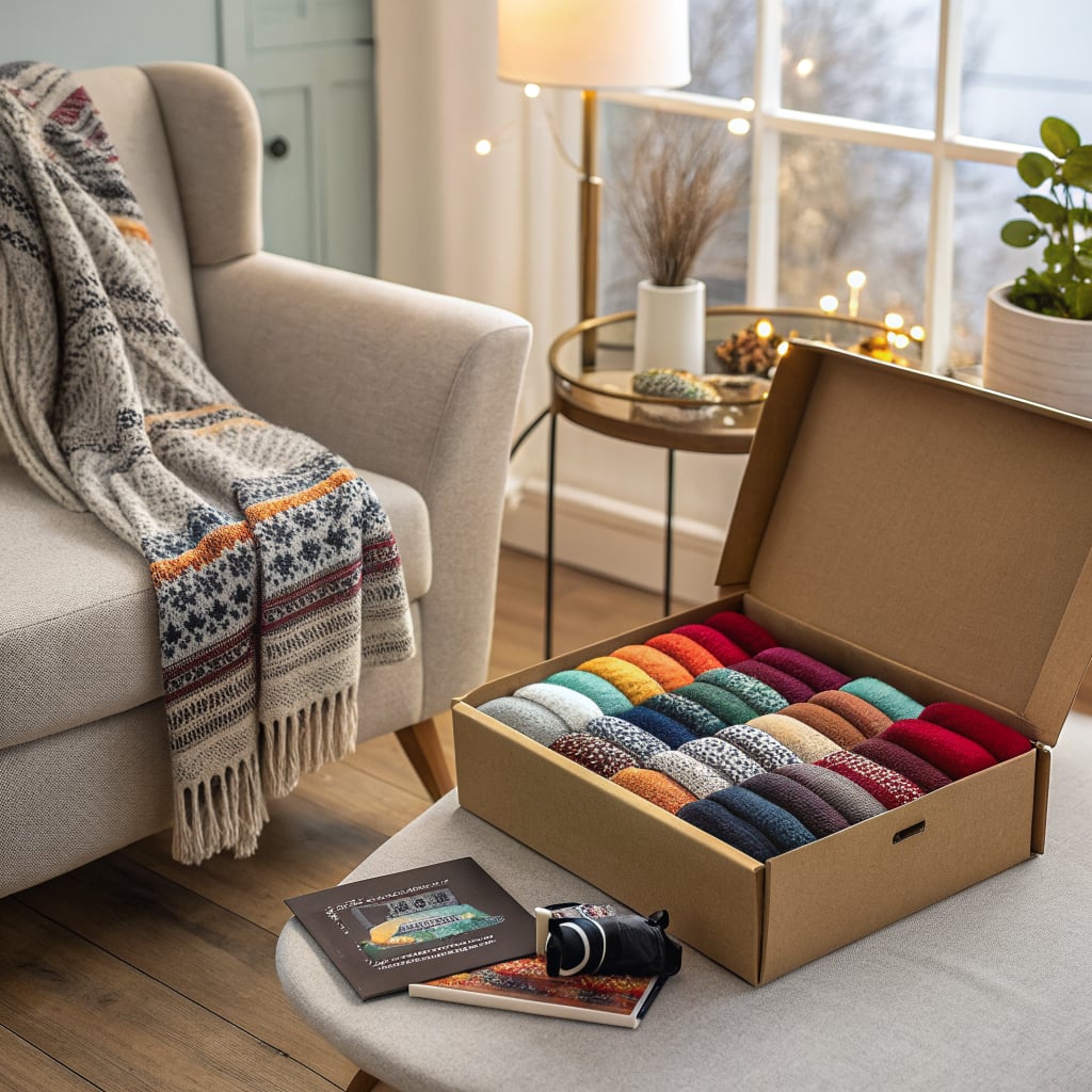 A cozy living room scene featuring a box of colorful yarn, a camera, and a blanket on a chair.