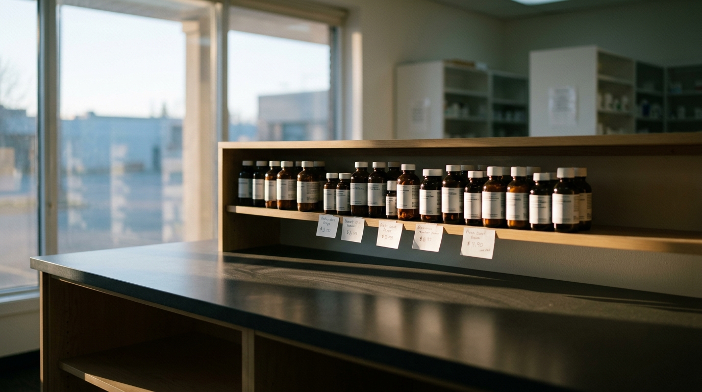 A shelf with labeled medicine bottles in a pharmacy setting.