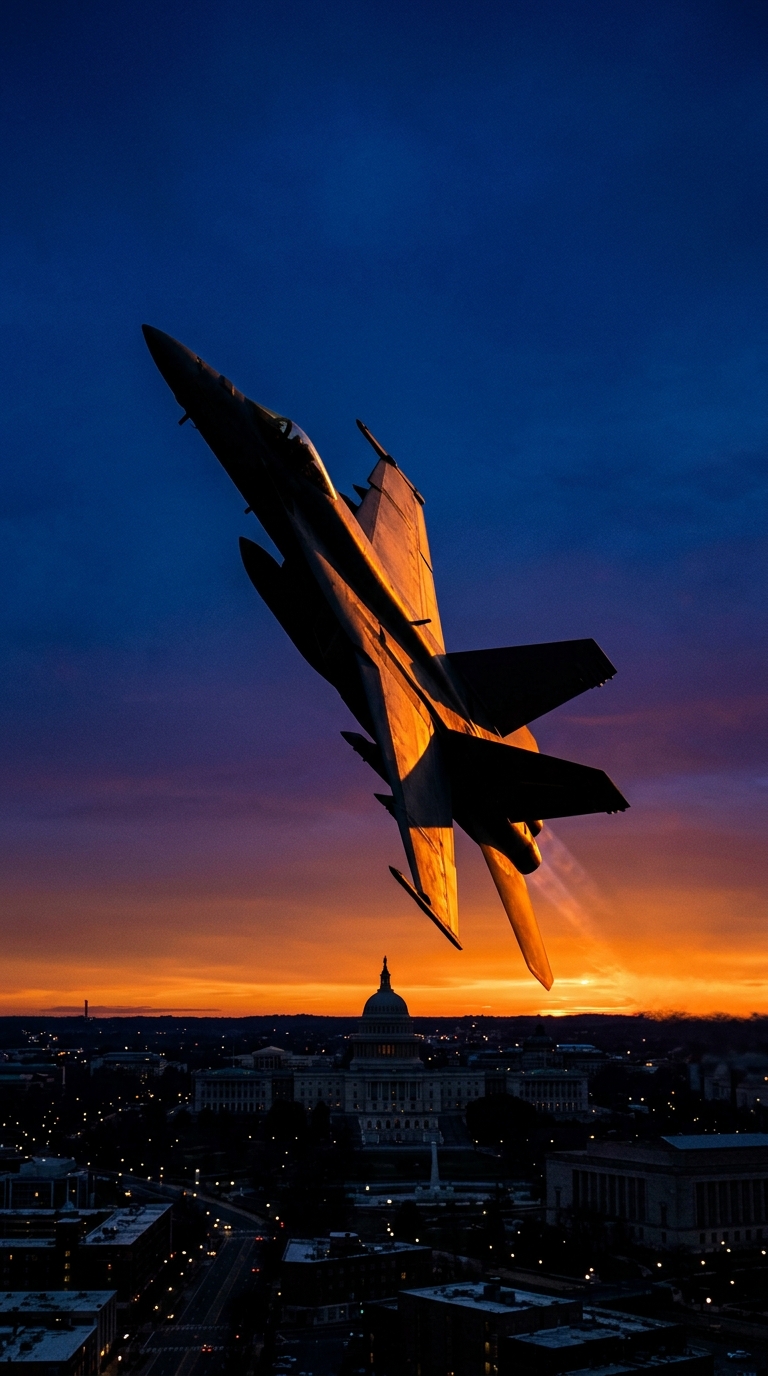 A fighter jet performs a maneuver against a sunset backdrop over a city skyline.