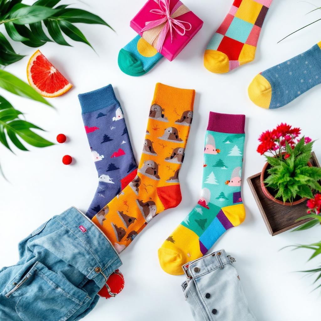 A flat lay arrangement of colorful socks alongside a gift box, fruit, and plants.