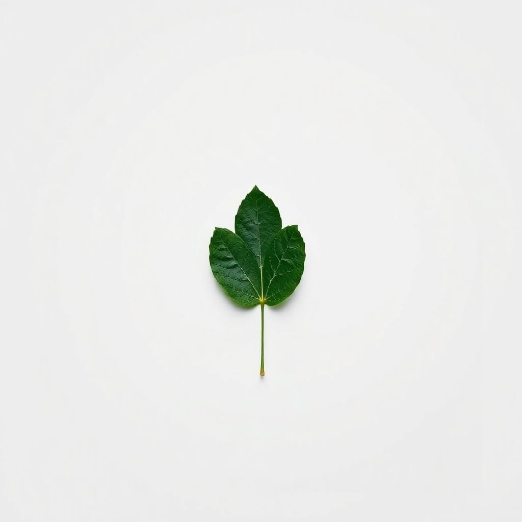 A single green leaf is placed on a white background.