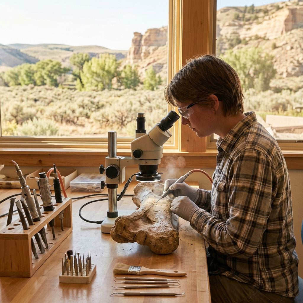 A person is working on a fossil under a microscope in a well-lit room with a scenic view.