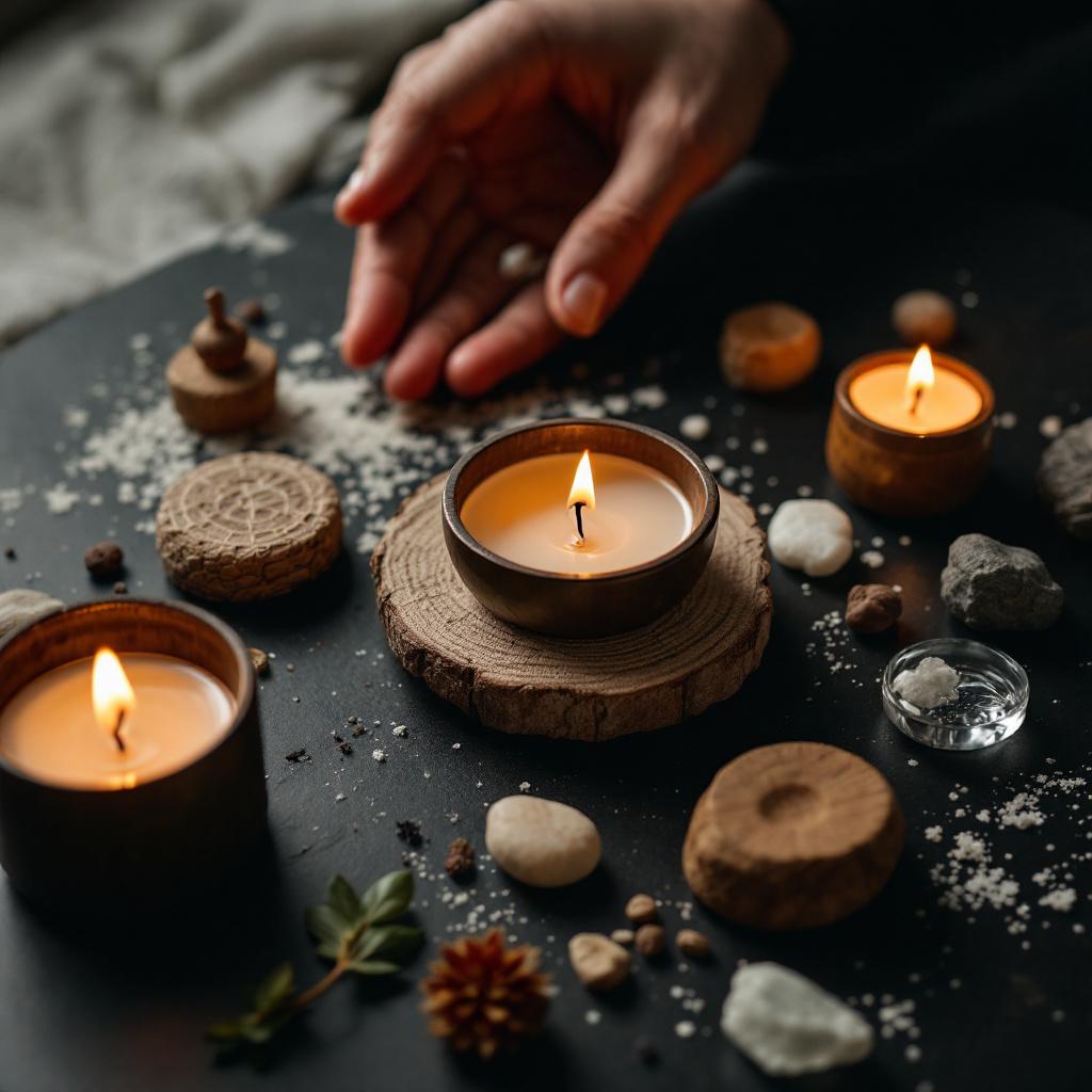 A hand reaches towards lit candles surrounded by decorative stones and natural elements on a dark surface.
