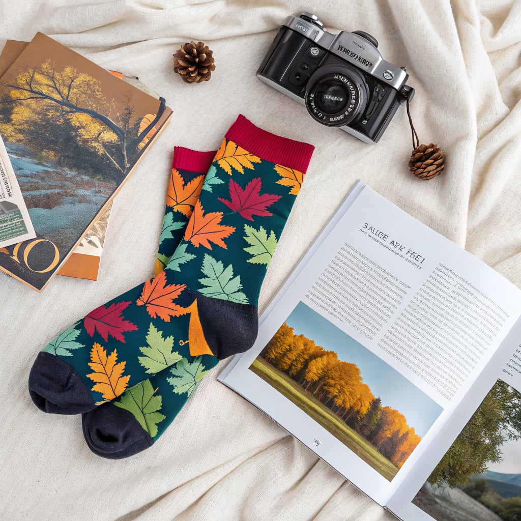 A flat lay arrangement featuring colorful leaf-patterned socks, a vintage camera, magazines, and pine cones.
