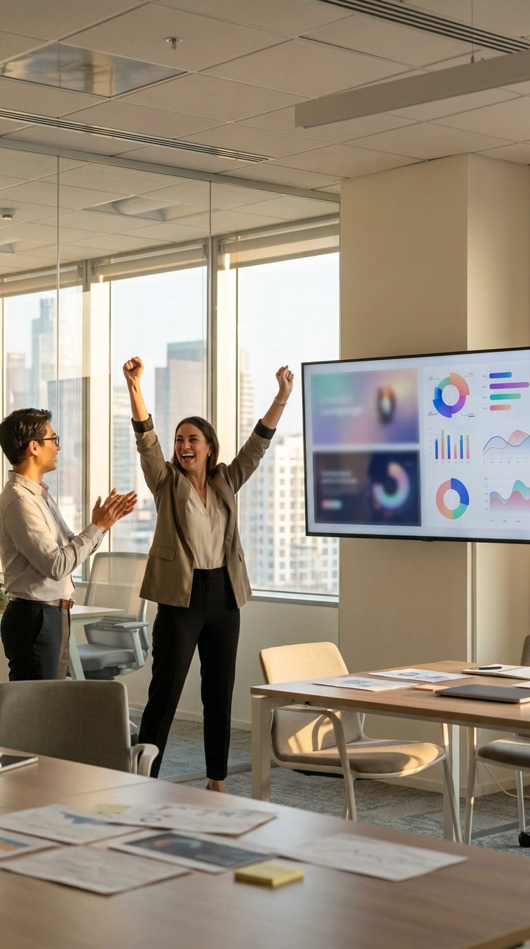 A woman celebrates a successful presentation in a modern office while a man applauds.