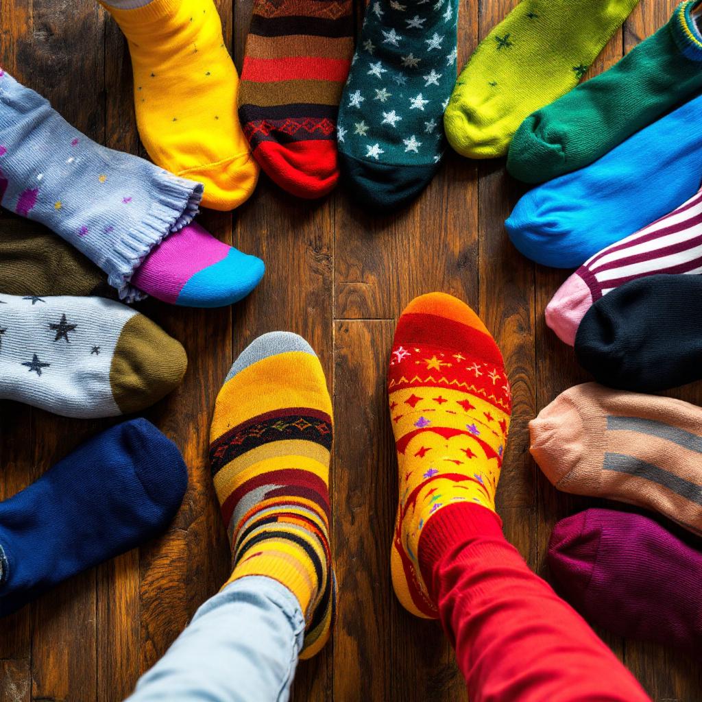 A circle of colorful socks on a wooden floor.
