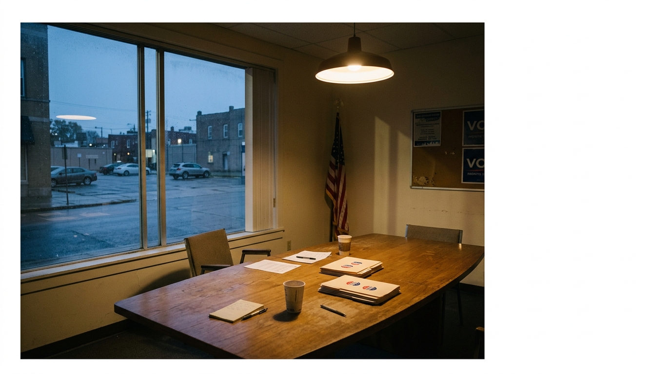 A dimly lit meeting room with a wooden table, papers, and coffee cups.