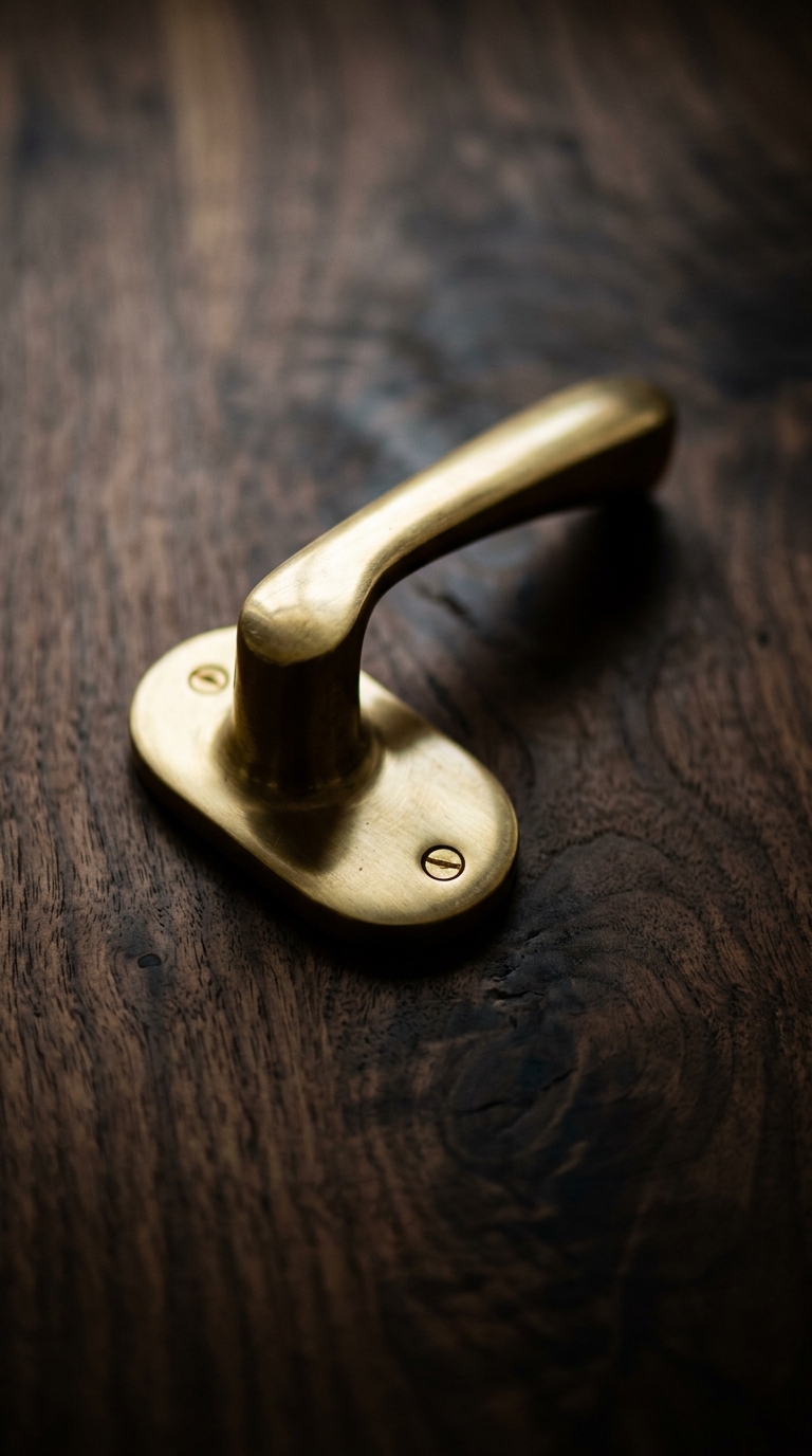 A close-up of a brass door handle on a wooden surface.