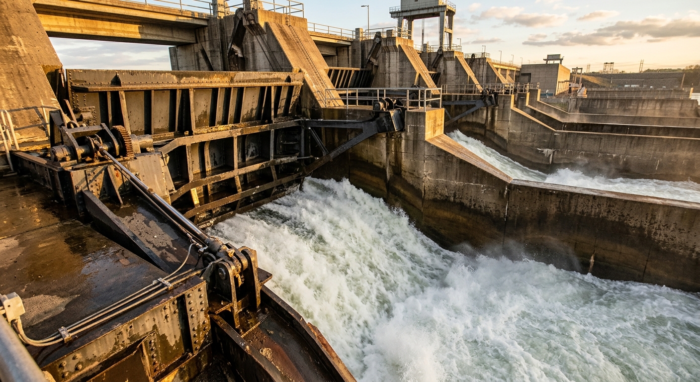 A dam with water flowing through its gates.