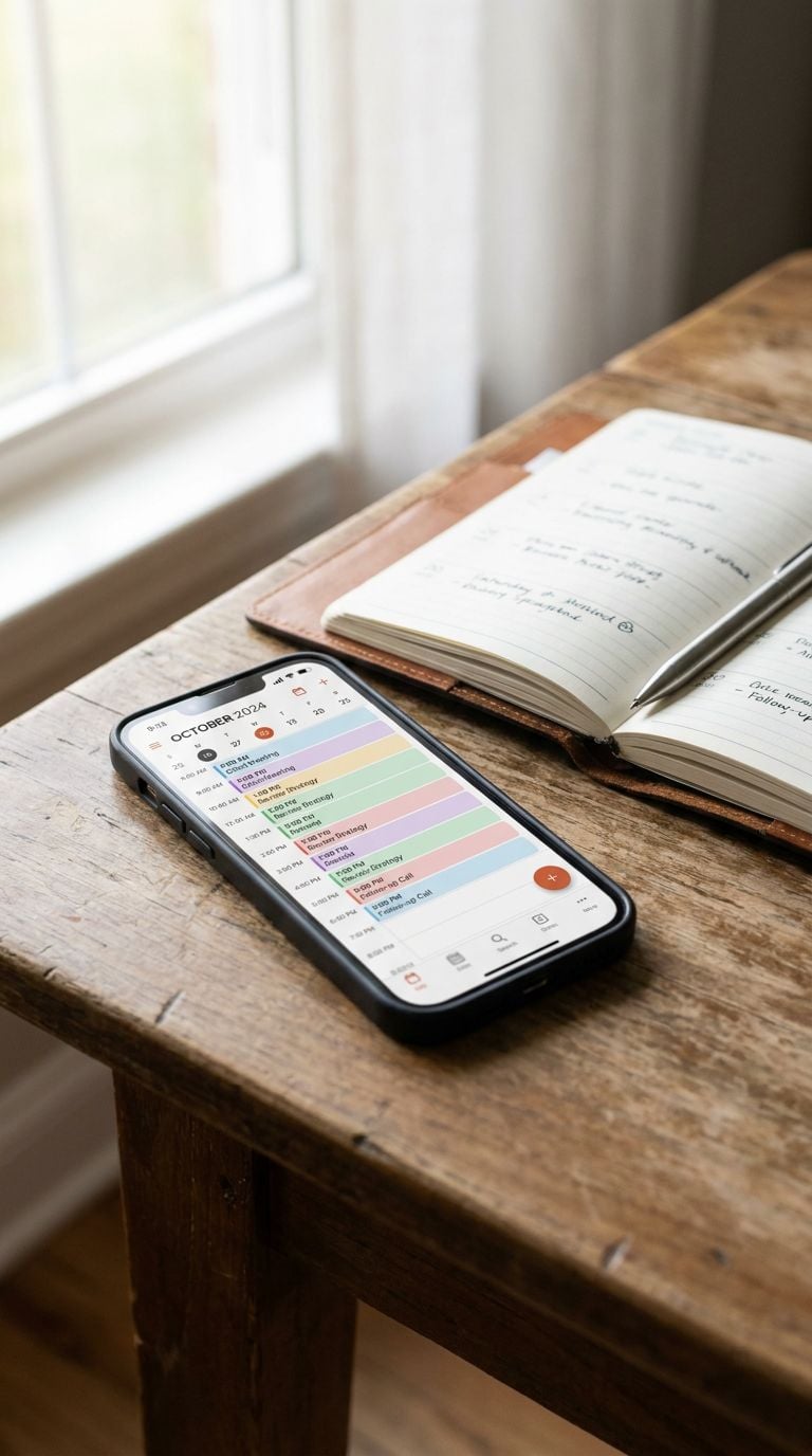 A smartphone displaying a calendar app is placed on a wooden table next to an open notebook.