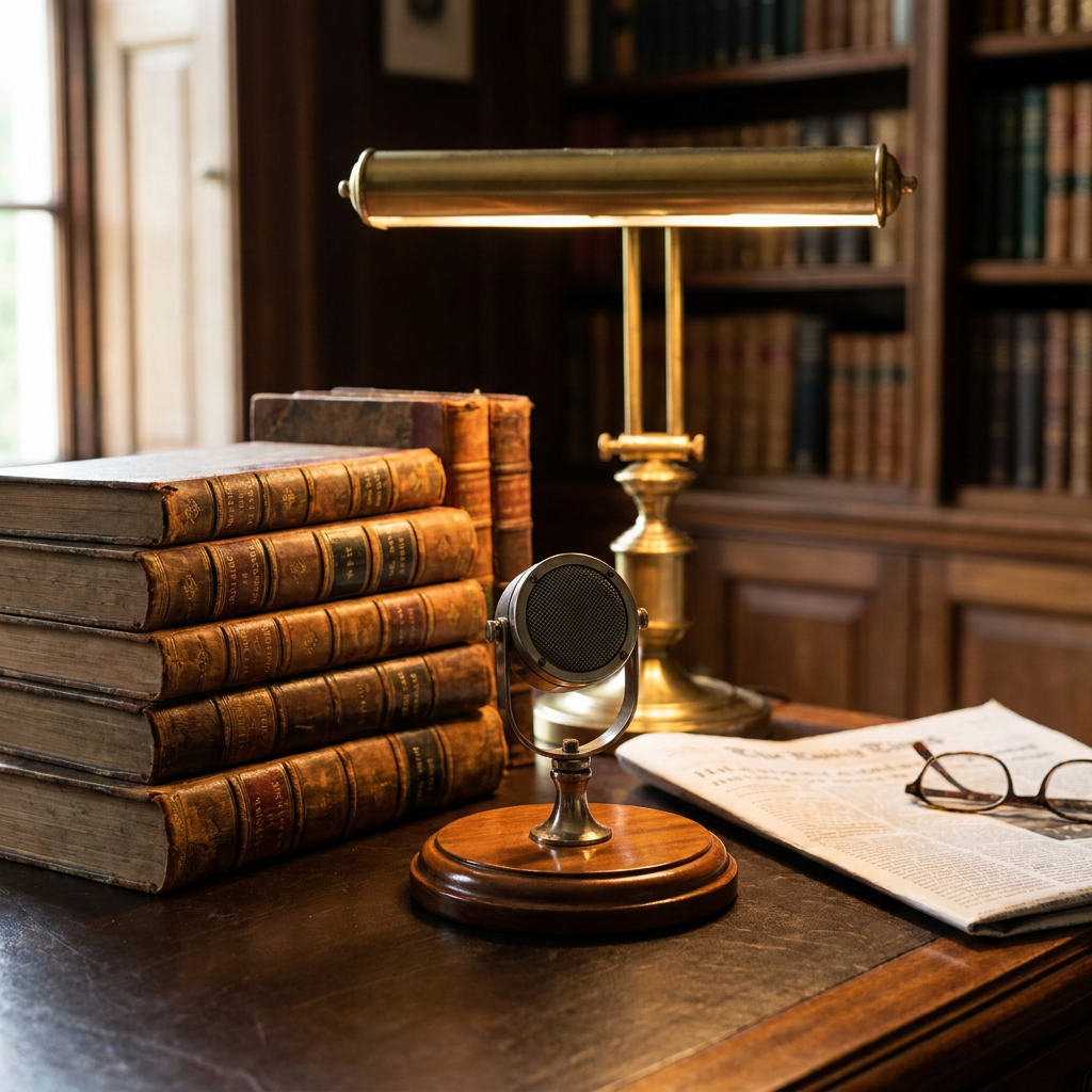 A vintage microphone is placed on a wooden desk next to stacked books and a newspaper.