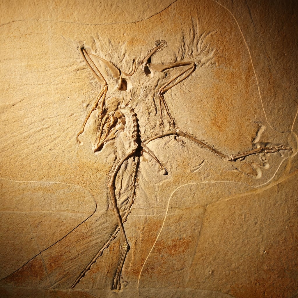 The image shows a fossilized skeleton embedded in a rock surface.