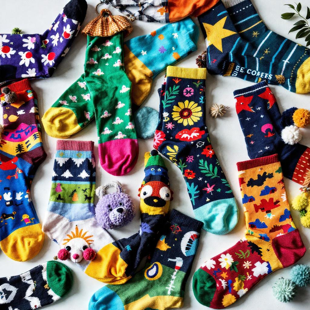 A collection of colorful and patterned socks arranged on a flat surface.