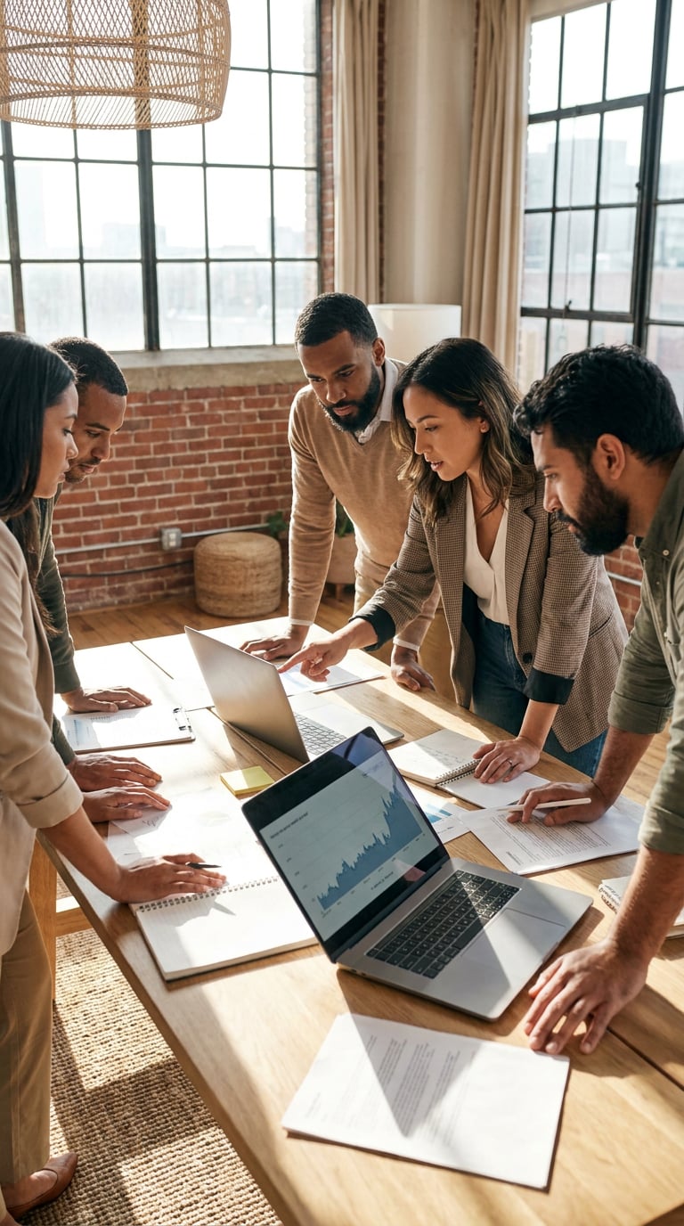 A group of five professionals collaborating around a table with laptops and documents.