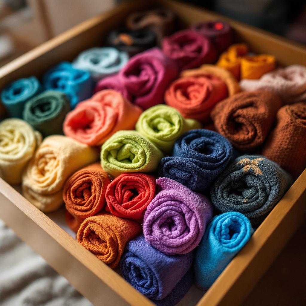 A neatly organized drawer filled with rolled colorful socks.