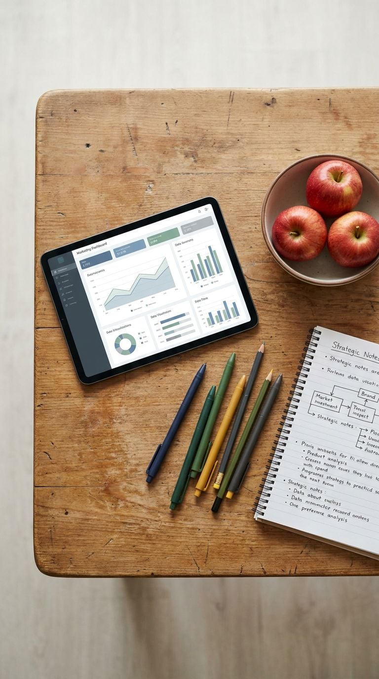 A tablet displaying data charts is placed on a wooden table alongside a bowl of apples and stationery.