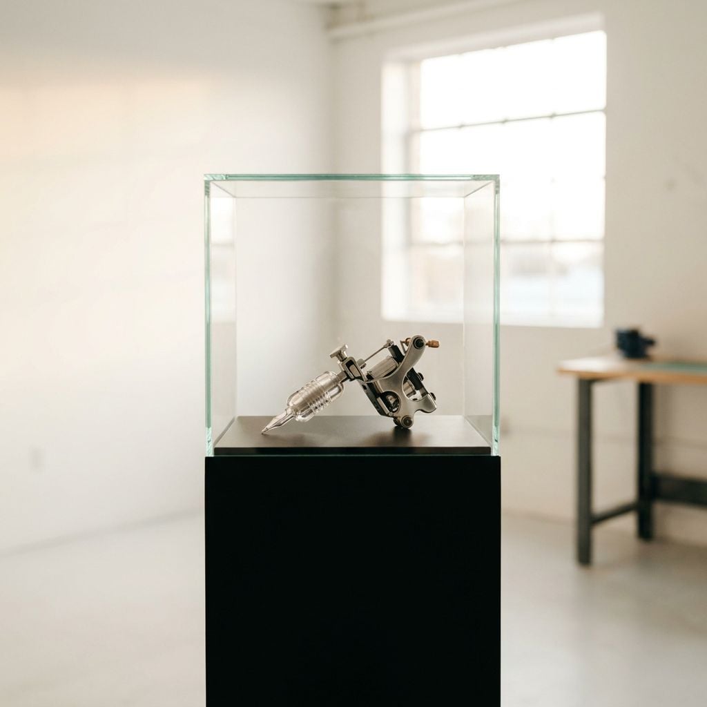 A tattoo machine displayed in a glass case on a pedestal.