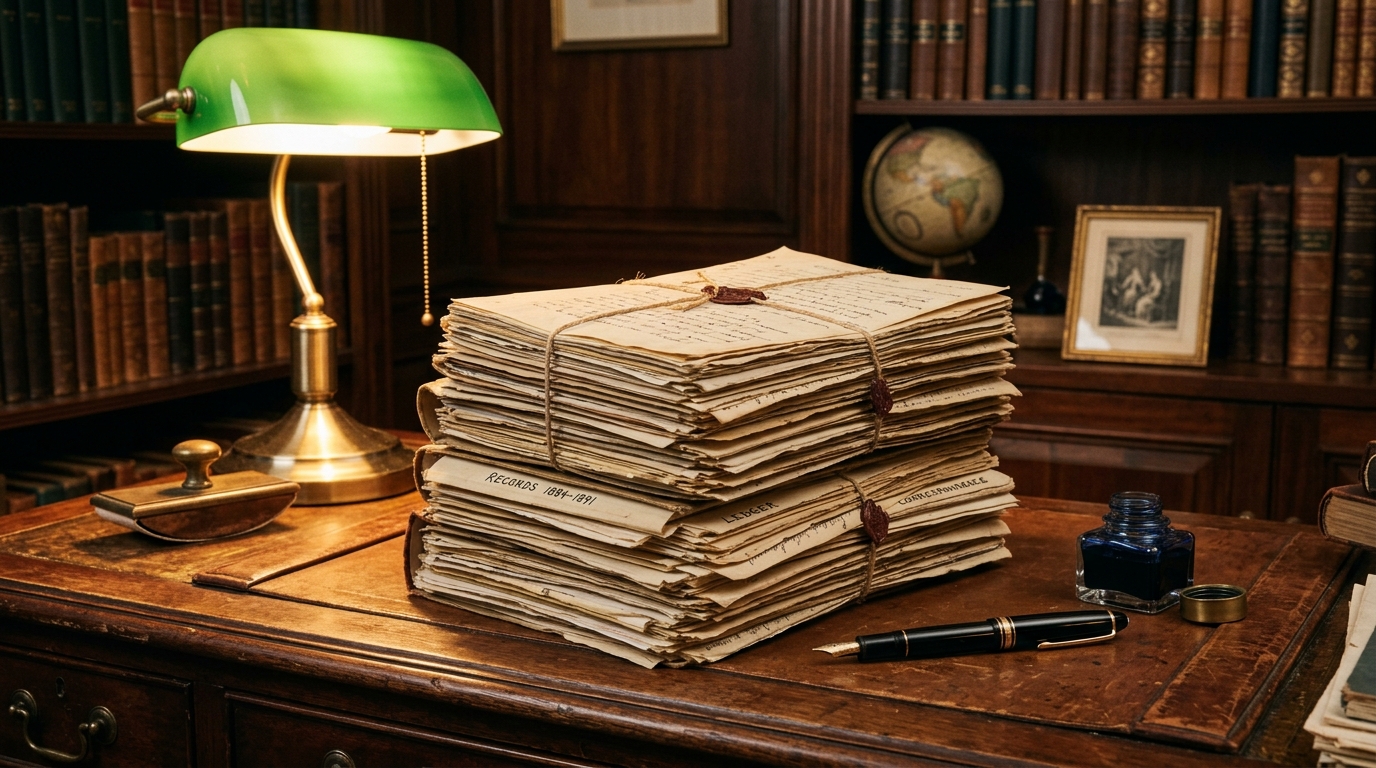 A stack of old papers tied with string on a wooden desk next to a lamp and a globe.