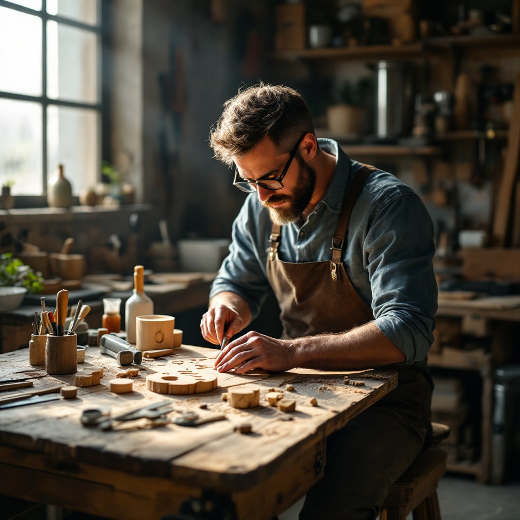 A craftsman is working on wood pieces in a workshop.