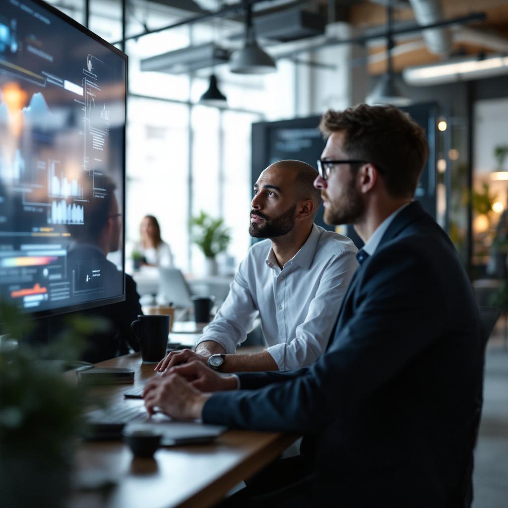 Two men are sitting at a desk, analyzing data on a large screen in a modern office environment.