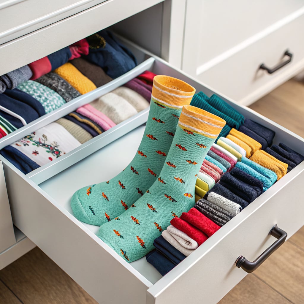A neatly organized drawer filled with colorful socks and a pair of green socks with orange fish patterns.