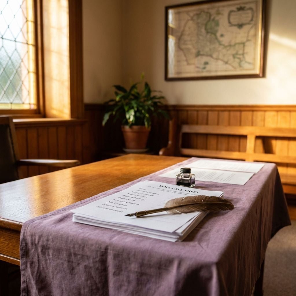 A wooden table with documents, a feather quill, and an ink bottle in a well-lit room.
