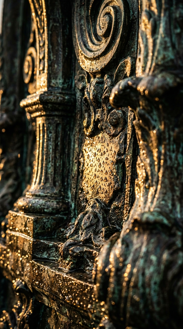 A close-up of a decorative bronze surface with water droplets.