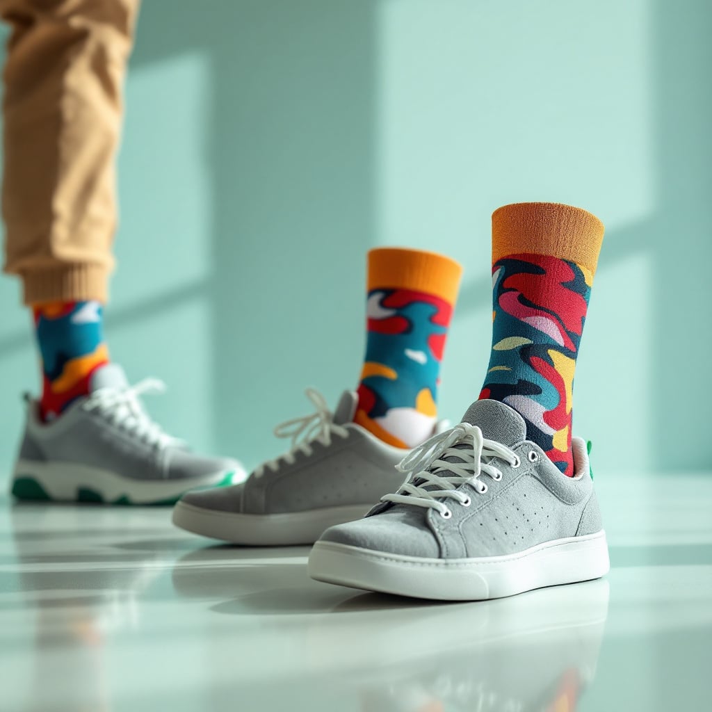 A pair of sneakers with colorful socks are displayed on a reflective surface.