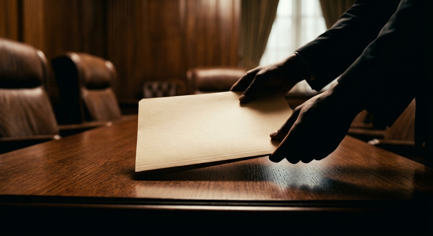 A person placing a folder on a wooden table in a formal setting.
