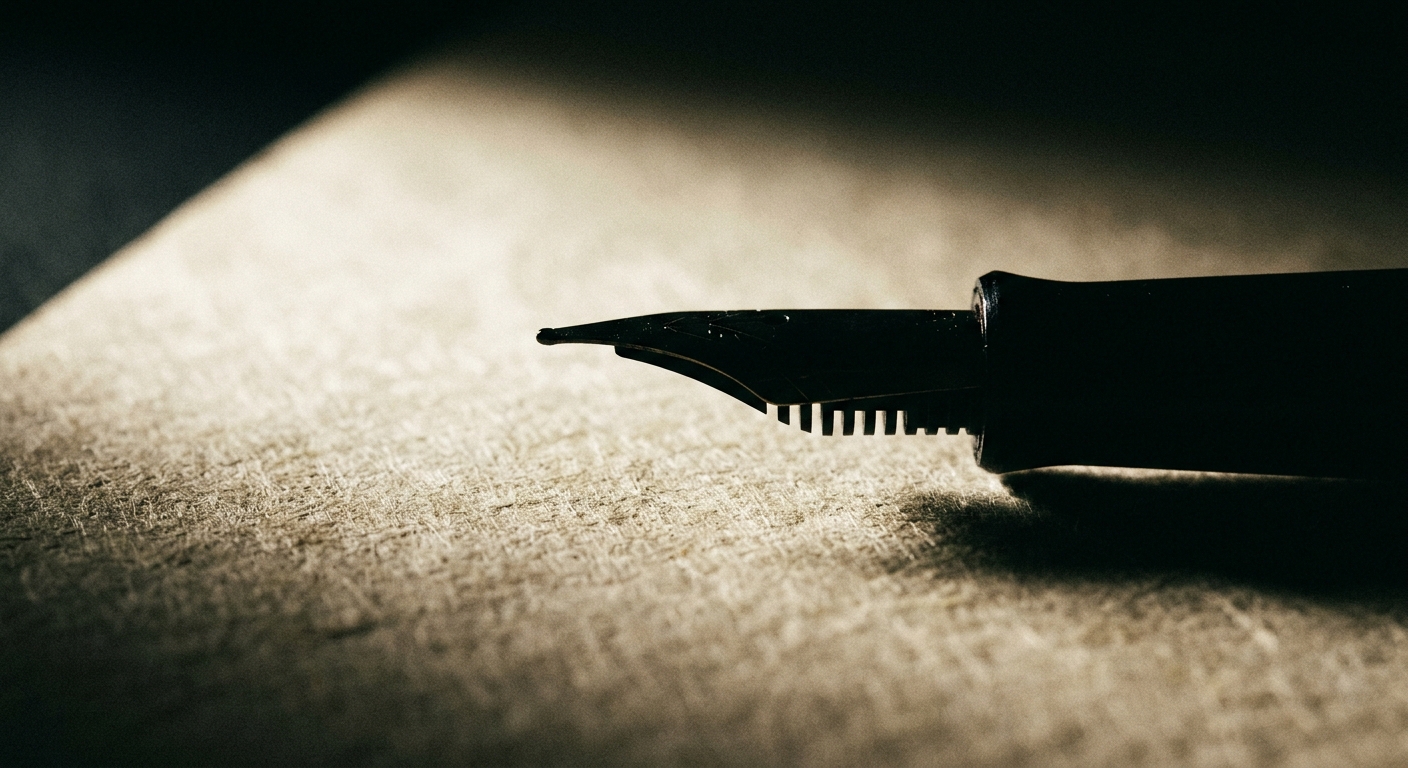 A close-up of a fountain pen resting on textured paper.