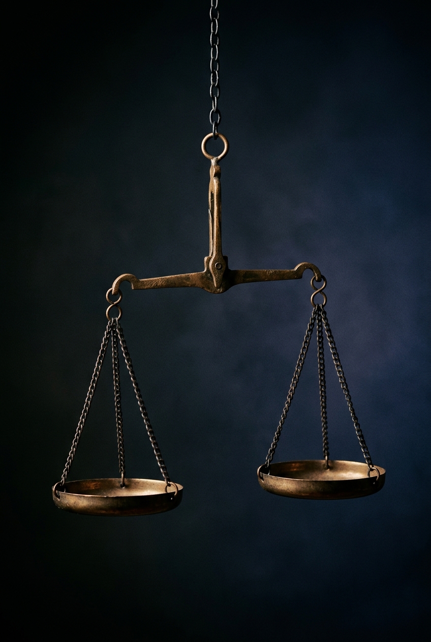 A vintage balance scale hanging from a chain against a dark background.