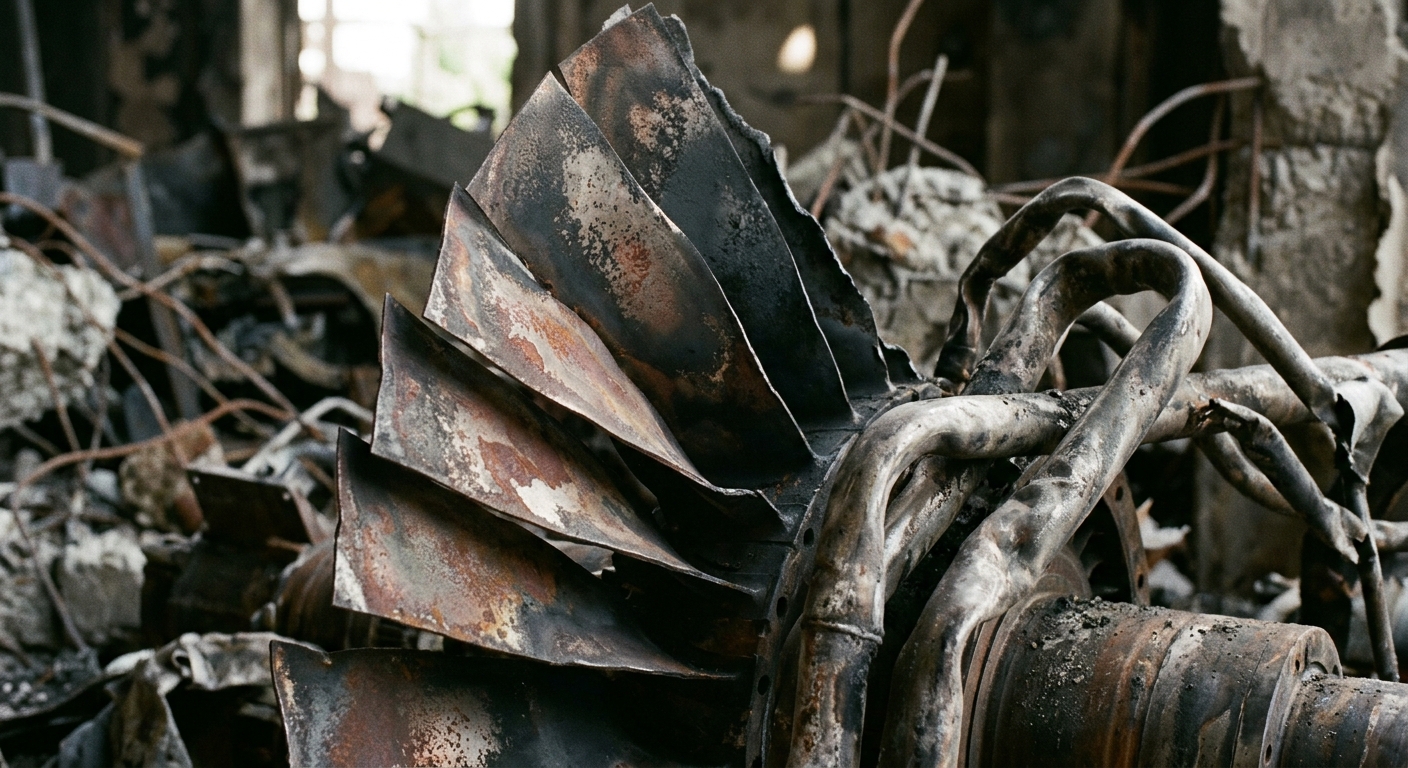 A close-up of a rusted and damaged turbine in a derelict industrial setting.