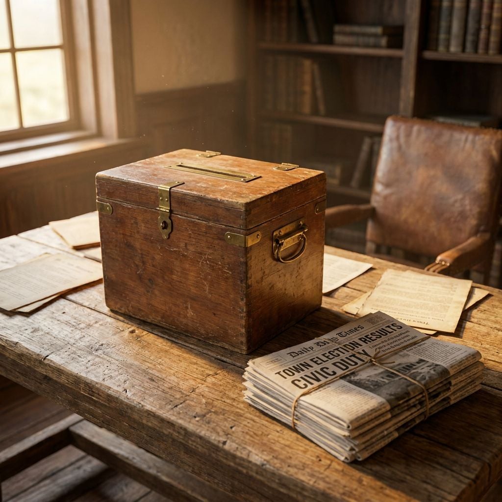 A wooden box sits on a table surrounded by old papers and a newspaper.
