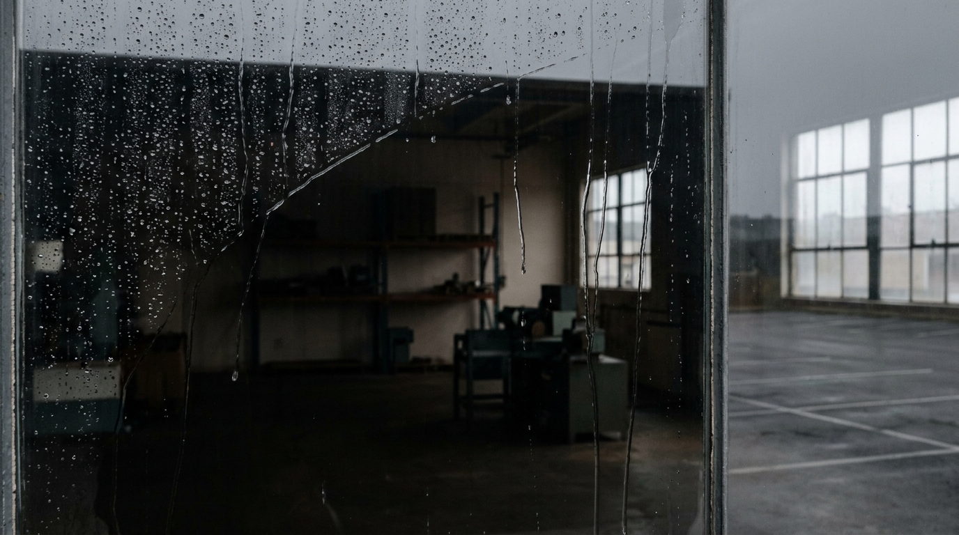 A view through a rain-streaked window into an empty industrial space.