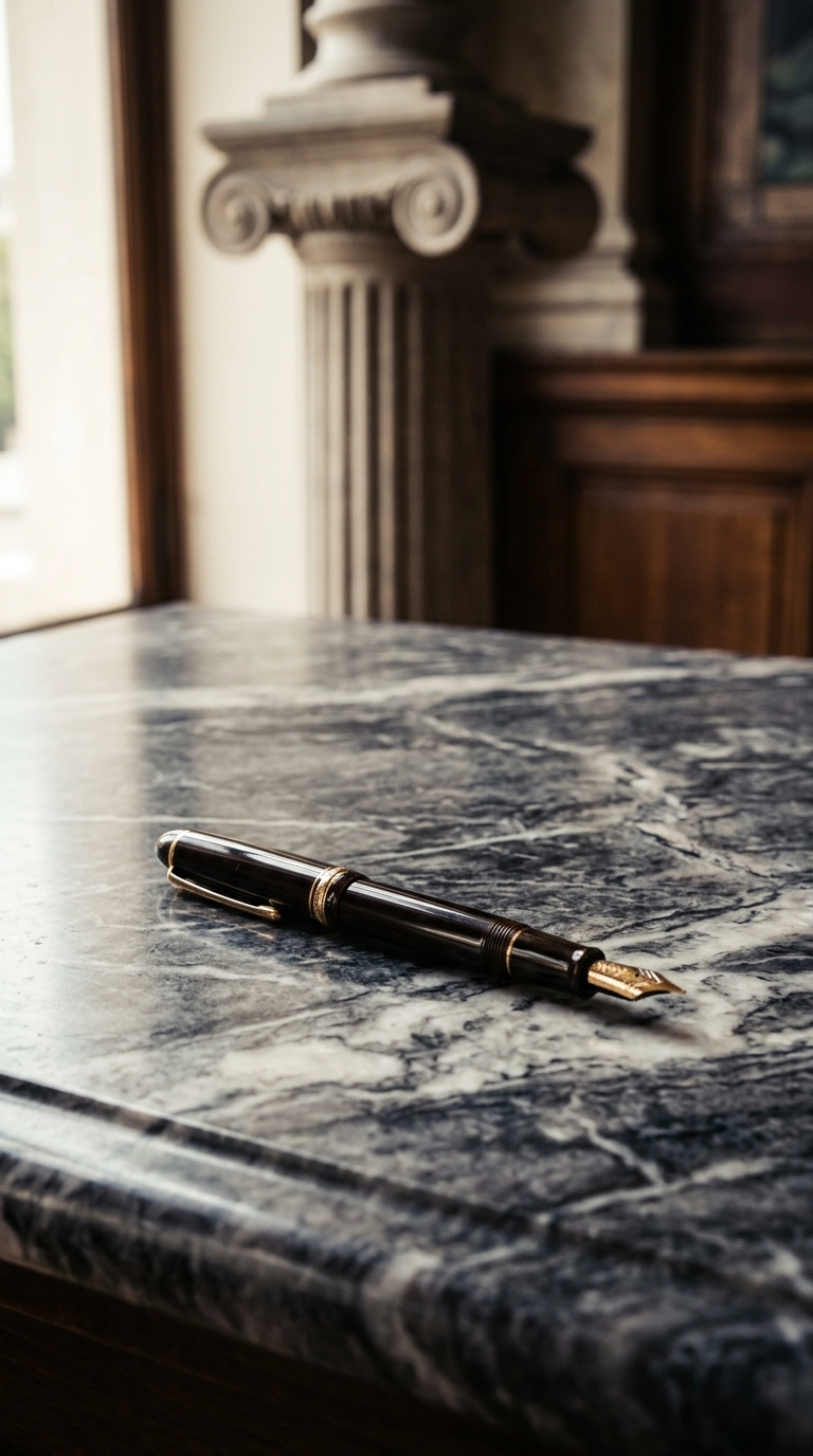 A luxury fountain pen resting on a marble table.