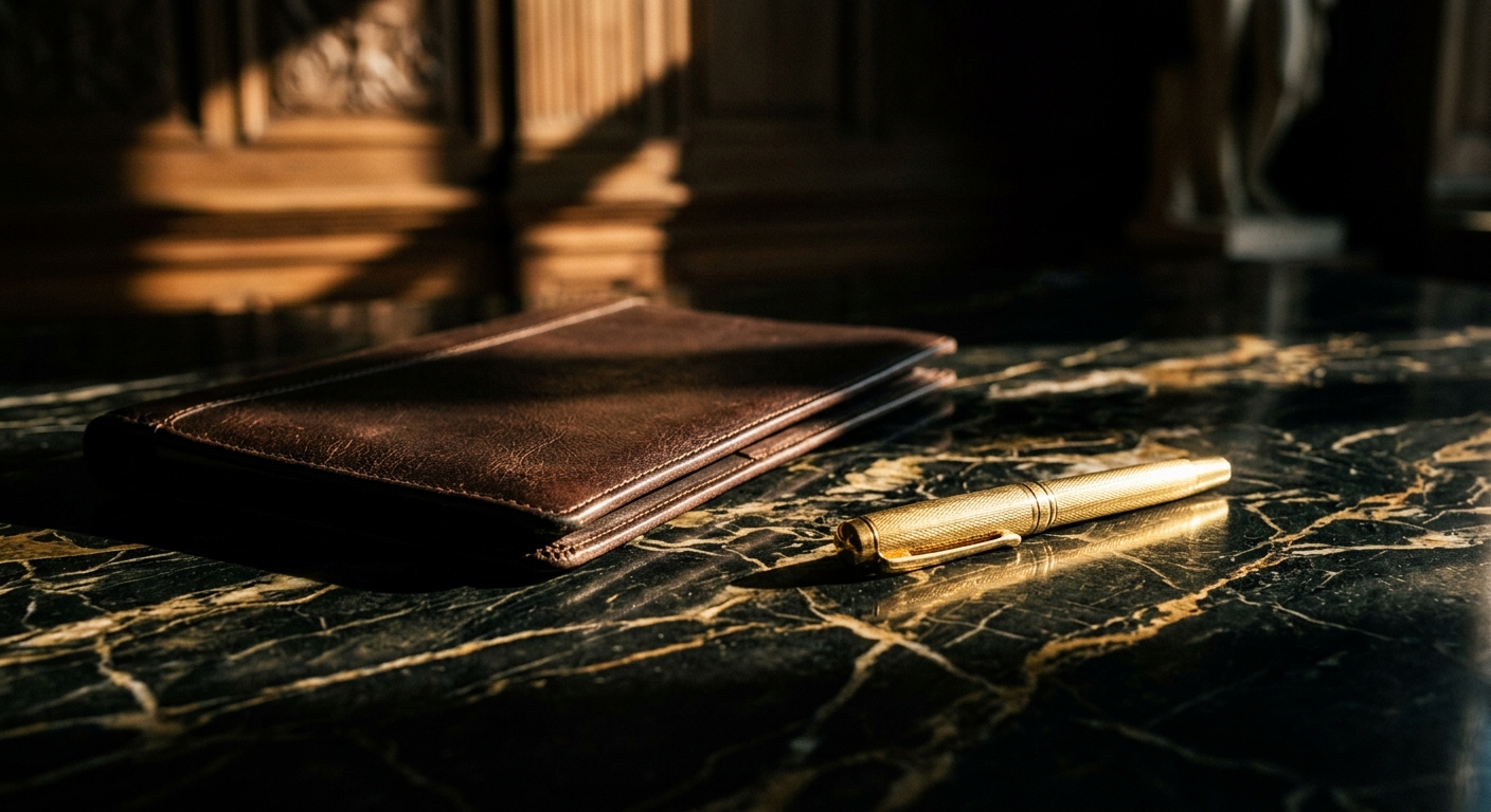 A brown leather wallet and a gold pen are placed on a marble surface.